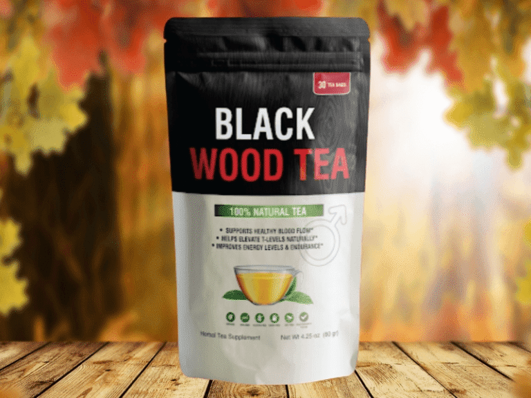 Official Black Wood Tea supplement bag featuring rare Black Maca root blend and healthy blood flow benefits icon.